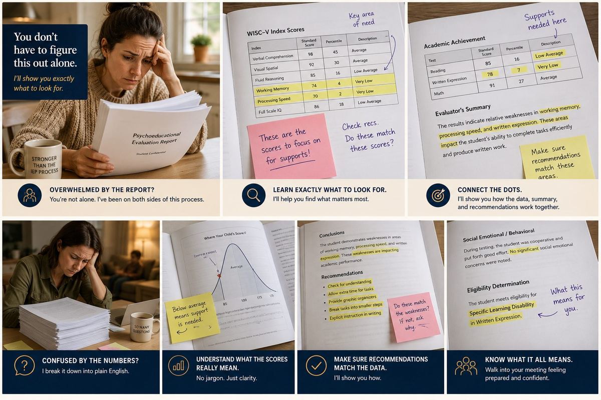 Walking through an evaluation report, marking the scores that matter and checking the recommendations