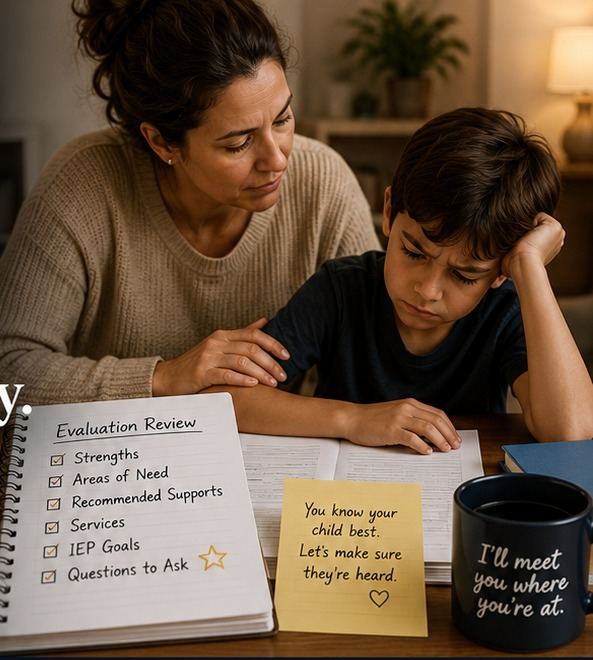 A mother pointing to her son's evaluation results, with an Evaluation Review notebook, a sticky note reading You know your child best, and a mug reading I'll meet you where you're at
